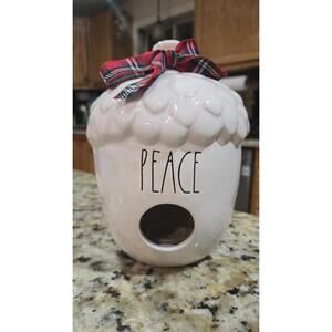 Rae Dunn, Peace Acorn Birdhouse Red Ribbon long Black letter, NEW 